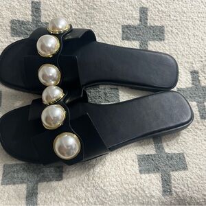 Elegant Black Slide Sandals with Pearl Accents